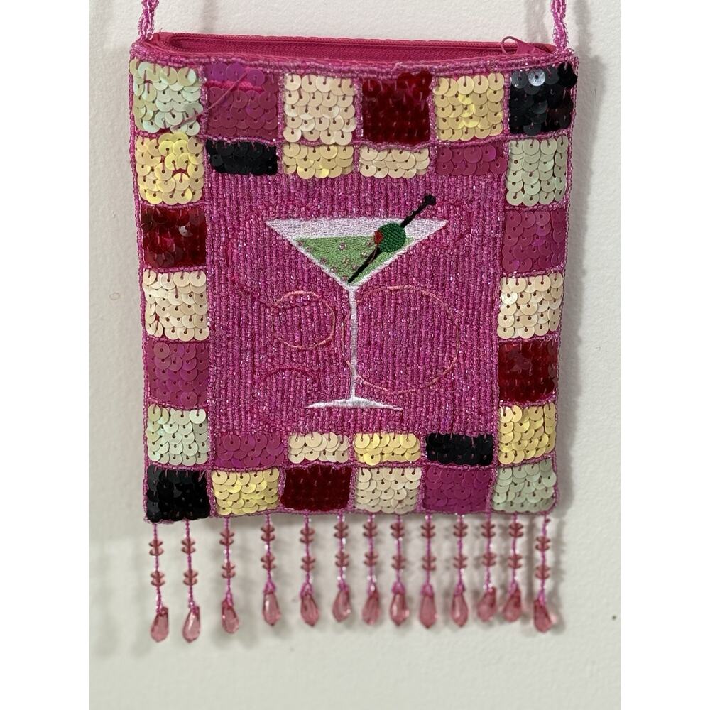 Vtg Y2K Beaded Margarita Sequin Crossbody Pink Boho Festival